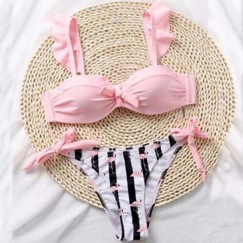 2021 Sexy Striped Lace Ruffle Push Up Bandeau Swimsuit set Suit Female Bathing Cup Women Swimwear Bra Bikini Cut High Surfi R2L0