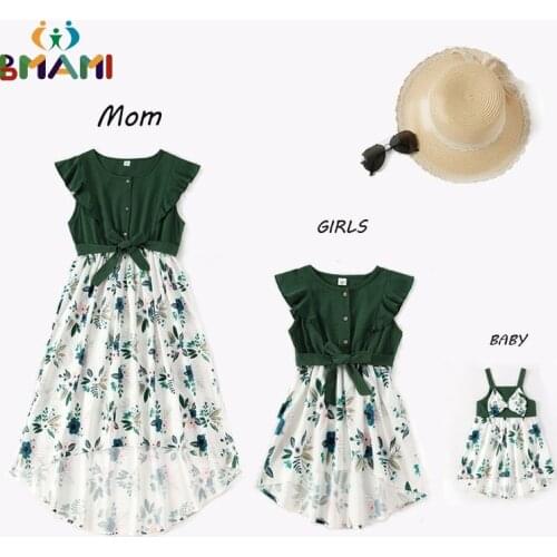 Summer Family Matching Dresses Mother and Daughter Baby Dress Floral Green Print Baby Mom and Daughter Matching Dresses Outfits