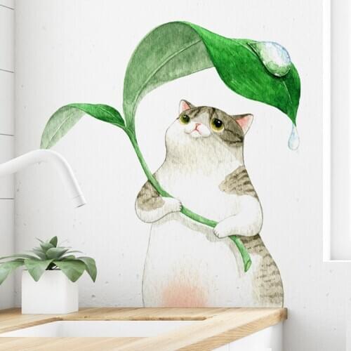 Cartoons Kitten Sheltering From Rain Wall Sticker Kids Room for Home Decoration Wallpaper Living Room Bedroom Removable Stickers