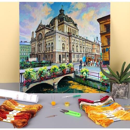 Landscape On The Channel Printed Fabric 11CT Cross-Stitch DIY Embroidery Full Kit DMC Threads Craft Sewing Hobby Gift