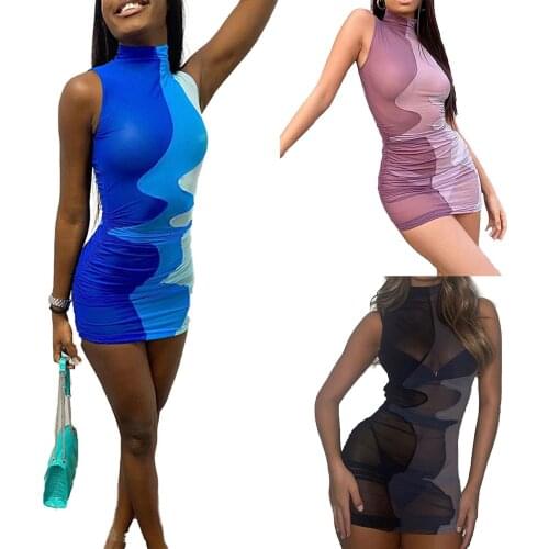 Patchwork Mesh Dress Women Summer Sleeveless Turtleneck Dresses Contrast Color Stitching High Collar Tight Mesh Yarn Short Dress