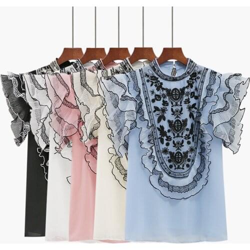 Leaf Edge Chiffon Shirt Summer New Super Fairy Sweet Stand-up Collar Heavy Industry Mesh Embroidery Flying Sleeve Top