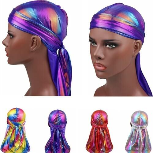 Turban Hat Hair Accessories Elastic Long Tail Hat Men Shiny Silky Durag Headband Sparkly Bandanas Colorful Hair Accessories