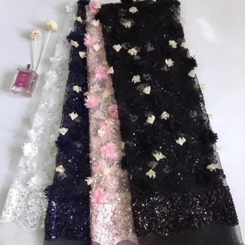 Top Quality African tulle Lace Fabric with charming sequins amazing 3d flower French Lace Fabric for wedding party T3107