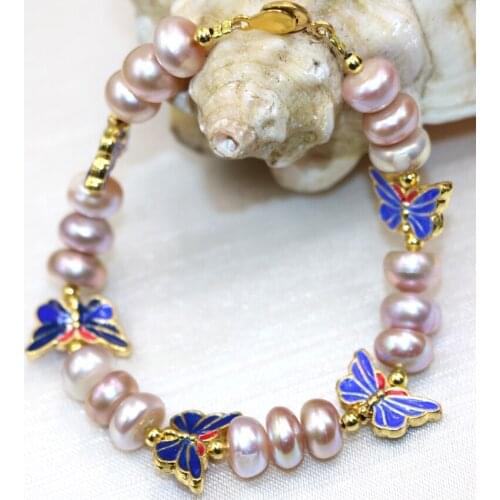 High grade natural 9-10mm purple pearl beads women exquisite bracelets butterfly cloisonne original design jewelry 7.5inch B2974