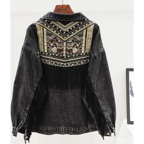 Fringe Denim Jacket for Women Embroidery Rivet Long Sleeve Casual Jacket Women Autumn Winter Jacket Coat Outwear