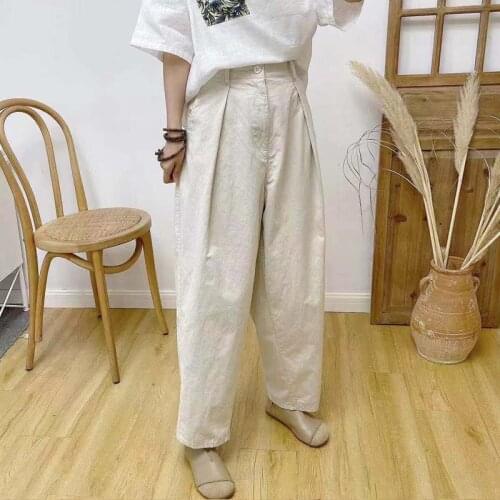 Johnature New Vintage Linen Women Pants 2021 Summer Casual Solid Color Pockets Ankle-length Harem Pants