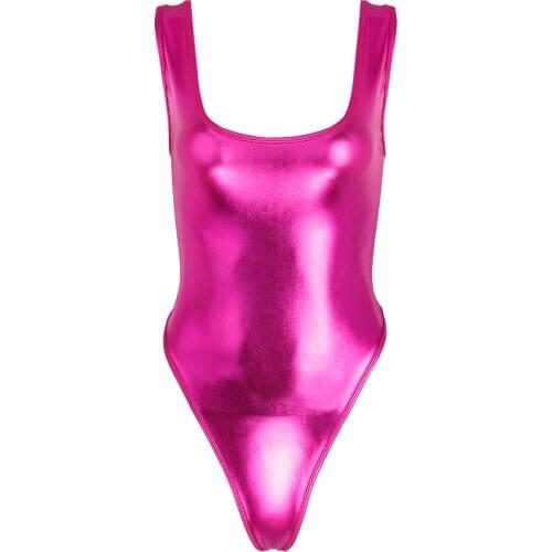 Womens Femme Sleeveless High Cut Sexy Bodysuit Patent Leather Thong Gymnastics Leotard Night Clubwear Bodysuit Costumes