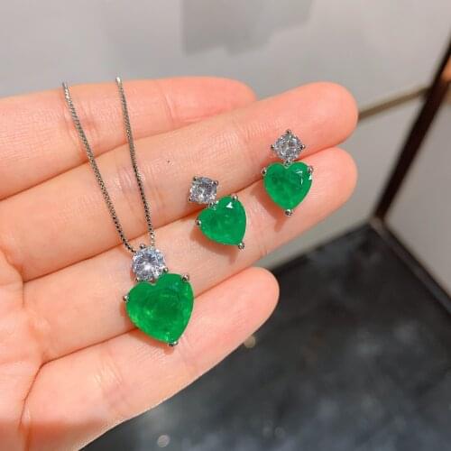 QTT Glittering Heart Emerald Tourmaline Gemstone Wedding Set Cute 925 Sterling Silver Necklace Earrings Sets Womens Gift