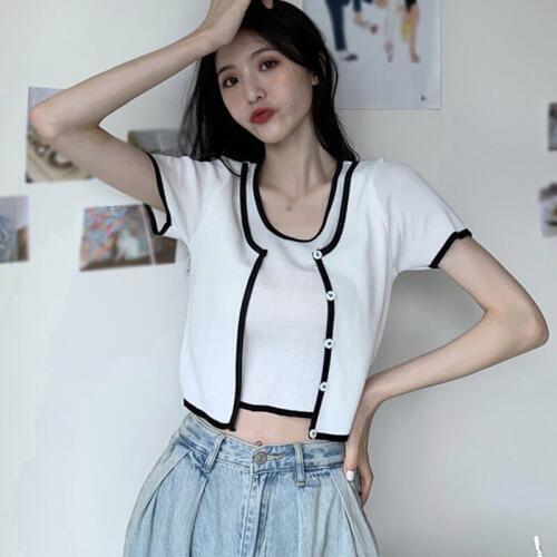 Women Fake Two Pieces Casual O Neck Kintted Tops Summer Thin Female Short Sleeve Top 2020 New Clothing