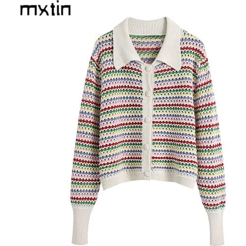 2021 Women Spring Vintage Rainbow Stripe Cropped Cardigan Sweater Fashion Knitted Long Sleeve Korean Outerwear Chic Tops