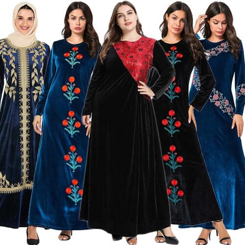 Velvet Abaya Dubai Maxi Long Dress Women Muslim Embroidery Pleated Kaftan Jilbab Arab Robe Islamic Clothing Gown Autumn Winter