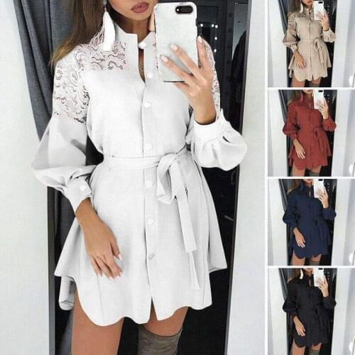 White Plus Size Autumn Spring Fashion Long Shirt Dress Women Solid Long Sleeve Lace Patchwork Belt Party Mini Sundress Vestidos