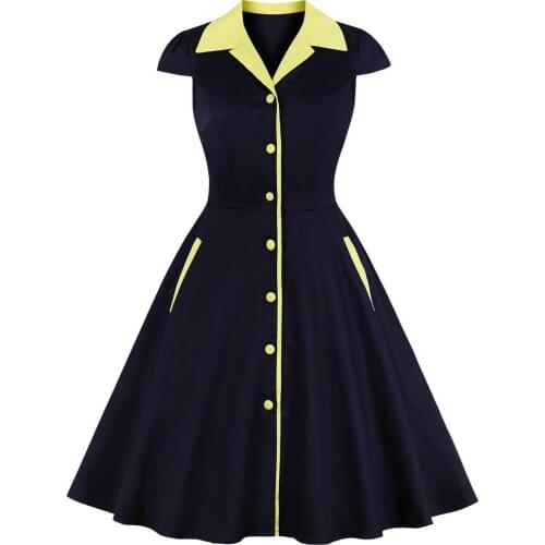 Retro Vintage Women Robe Pin Up Dress 50s 60s Patchwork Rockabilly Black Swing Summer Button Front Shirt Tunic Midi Dresses 2021