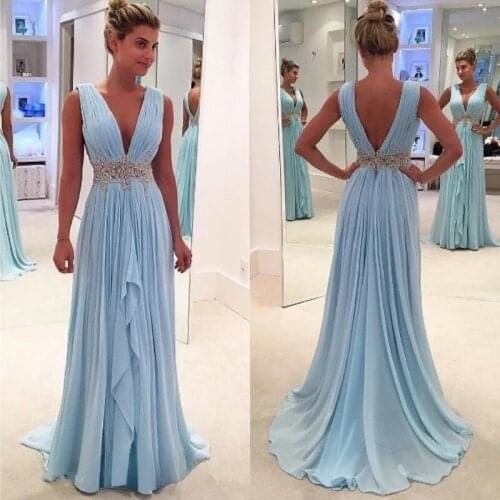 Blue A-line Deep V-neck Chiffon Prom Dresses Beaded Plus Size Floor Length Long Prom Gown Evening Dresses Robe De Soiree
