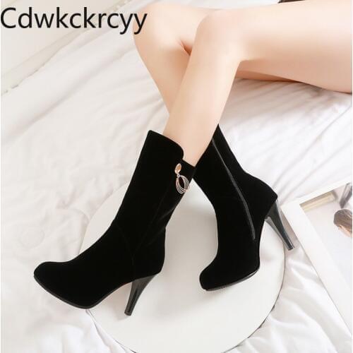 Winter The New fashion Suede Side zipper Fang He Women boots black Sexy Plus velvet Keep warm High heel Women boots size 34-43