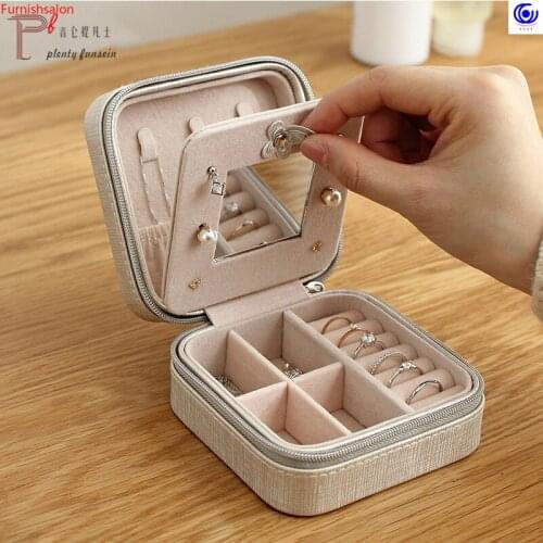 1 PU Leather Portable Mini Jewelry Case Travel Packing Box Makeup Organizer Cosmetic Mirror Earring Ring Necklace Storage Casket