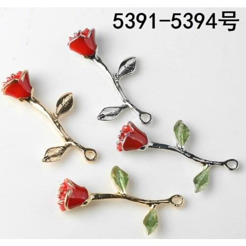 50pcs 25*40mm Gold/Silver color Oil drop Red Rose Flower shape Charm Enamel Charm For DIY Handmade Women Accessories