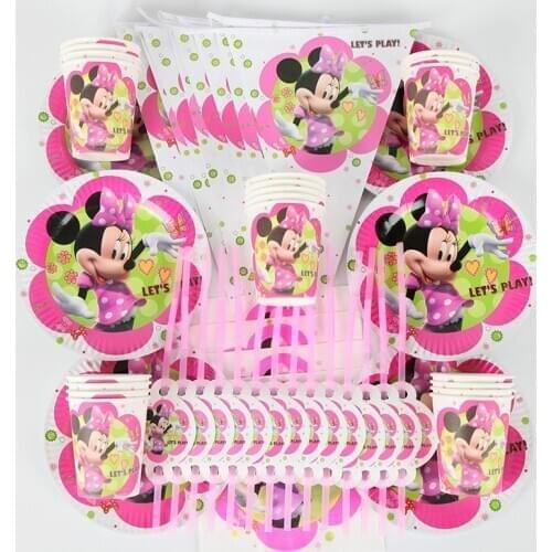 50Pcs/lot Minnie Mouse party Theme Baby Birthday Party Decor paper cups plate banner plates baby birthday party decor kids favor