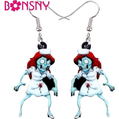 Bonsny Acrylic Halloween Nurse Zombie Earrings Drop Dangle Novelty Game Party Jewelry For Women Girls Gift Charms Accessories