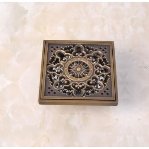 Antique Brass Carved Flowers Pattern Bathroom Shower Drain 4" Square Floor Drain Waste Grates ahr037
