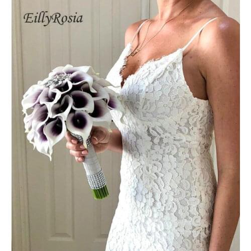 EillyRosia Cala Lily Wedding Bouquet for Bride Brooch Sequined Purple Ribbon Bridesmaid Bridal Bouquet Fleur Artificielle