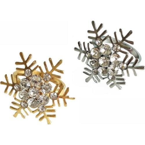 Shiny Gold Silver Plating With Clear Rhinestones Jeweled Snowflake with Circle Design Metal Alloy Napkin Rings Set of 6 Pieces