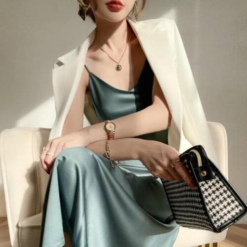 Summer Satin Spaghetti Strap Dress Womens French Retro V-neck Sleeveless Tank Top Dress Fit Inside Long Dresses Ladies