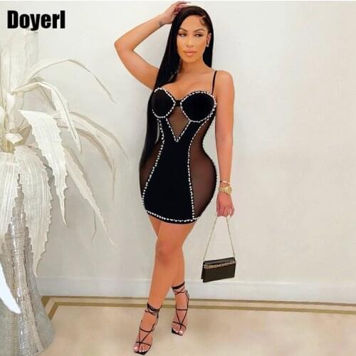 Patchwork Sheer Mesh Sexy Summer Dress 2021 Party Club Outfits for Women Bodycon Dress Black Elegant Beading Strap Mini Dress