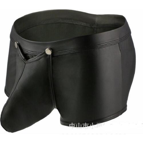 Mens Sexy Patent Leather Boxer Shorts Low Waist Faux Leather Boxers Gay Penis Bag Underwear U Convex Underwea Jockstrap Panties