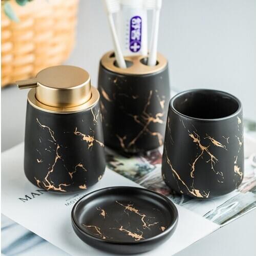 Bathroom Wash Set Home Soap Dispenser Mouthwash Cup Soap Dish Toothbrush Holder Marbled Pattern Ceramic Bath Accessory Suit
