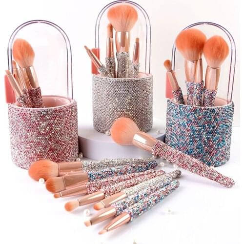 9pcs barreled diamond makeup brush set with rhinestone eyeshadow brush loose powder brush beauty tools wholesale girl gifts