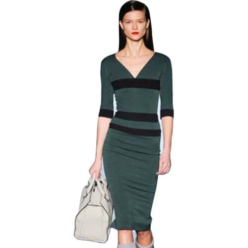 New Top Fashion Womens V- neck Middle Sleeve Career Contrast Patchwork Stripe Zipper Pencil Business Dresses