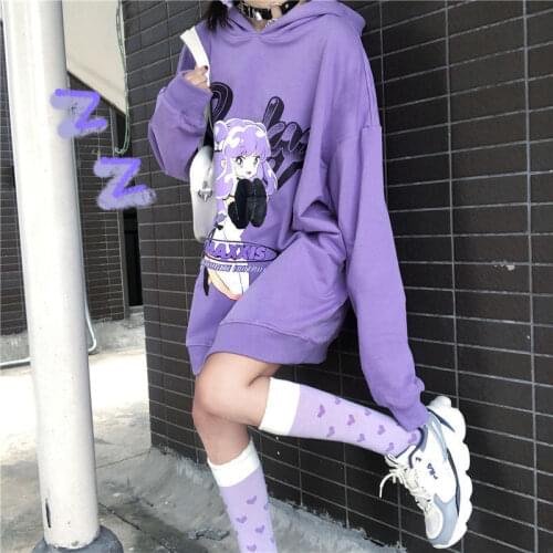 Casual Purple Women Loose Thin Sweatshirts Spring Autumn Harajuku Cartoon Hoodie Streetwear Winter Oversized Rock Tops Hoody