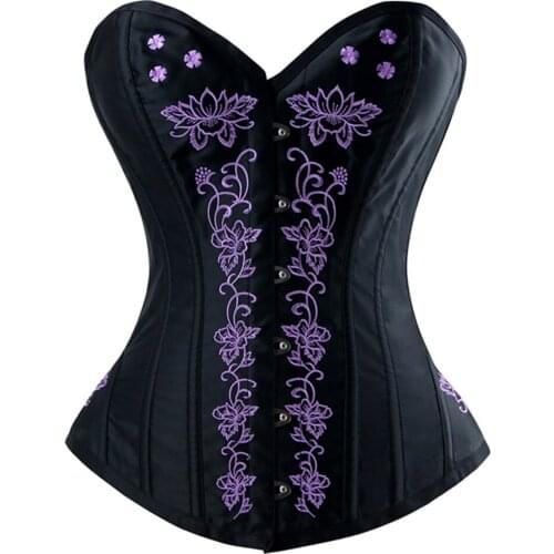 Sexy Womens Gothic Classcial Vintage Floral Embroidery Steel Boned Overbust Corset Bustiers Top Waist Trainer Retro Corselet