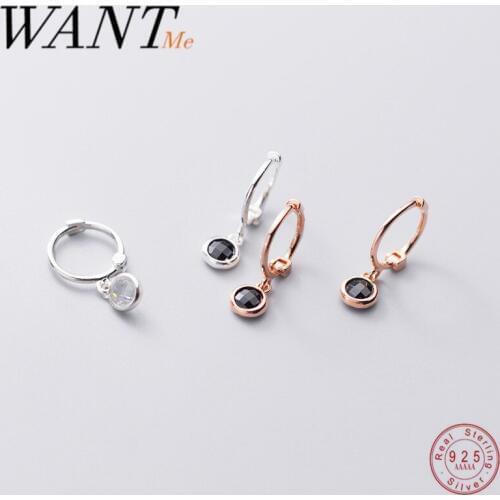 WANTME Fashion Minimalist Round Black Zircon Stud Earrings for Women Genuine 100% 925 Sterling Silver Gothic Fine Jewelry Gift