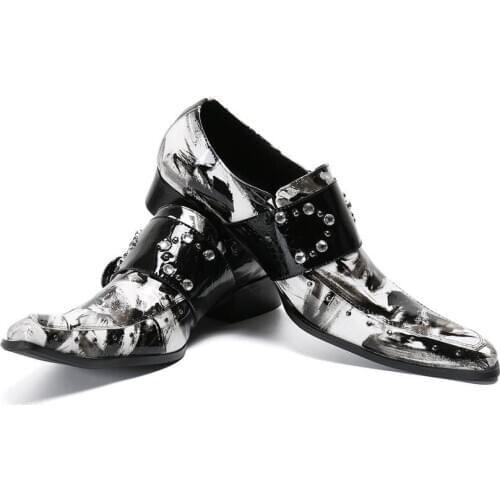British Men Party Wedding Dress Shoes Black White Pattern Rivets Buckle Men Oxford Shoes Fashion Male Business Brogue Shoes