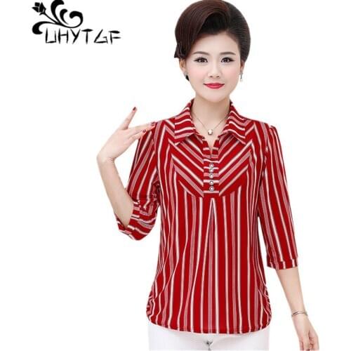 UHYTGF Womens T-shirts fashion stripes summer tops female tshirts lapel pullover chiffon thin plus size t-shirt for women 1204