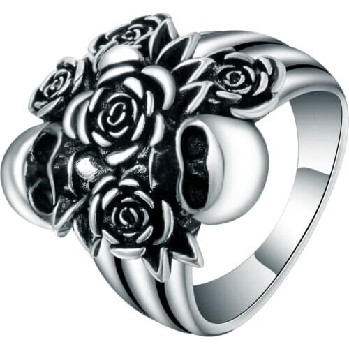 Vintage Antique Silver Color Rose Flower & Devil Death Skull Ring For Womens Wedding Bands Punk Skeleton Party Ring New Anel