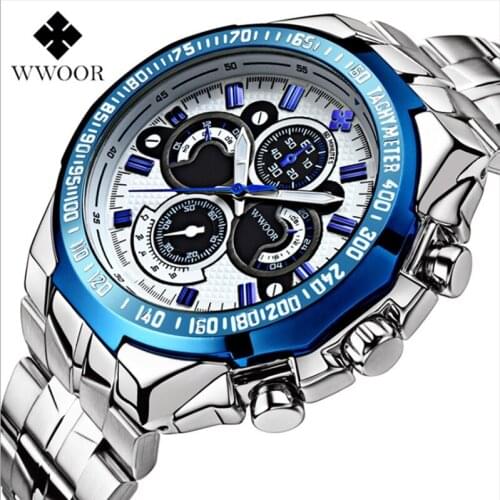 WWOOR 8013 Mens Luxury Stainless Steel Wrist Watch Quartz Men Casual Fashion Business Chronograph Wristwatches