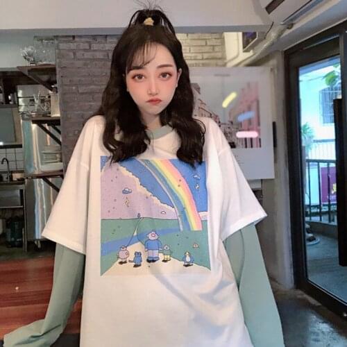 Women Fake Two Pieces T-Shirt Round Collar Cartoon Print Loose Long Sleeve Casual Simple Wild T-Shirt 2020