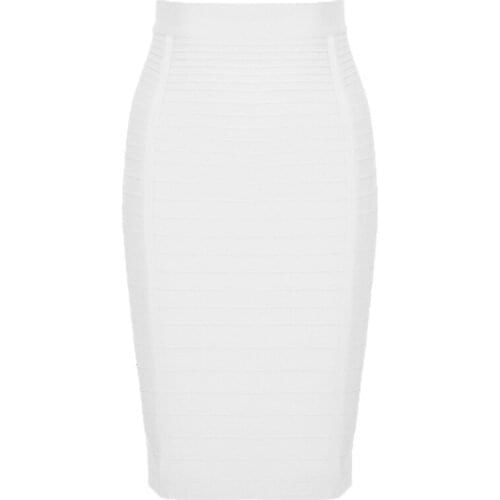 Women High Waist Striped Bandage Knee Length Midi Pencil Skirt Solid Color Zipper Bodycon Stretchy Slim Empire Skirt