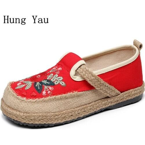 Women Shoes Flat Loafers Shallow National Style Flower Embroider Hemp Spring Slip On Fashion Outdoor Breathable Round Toe Casual