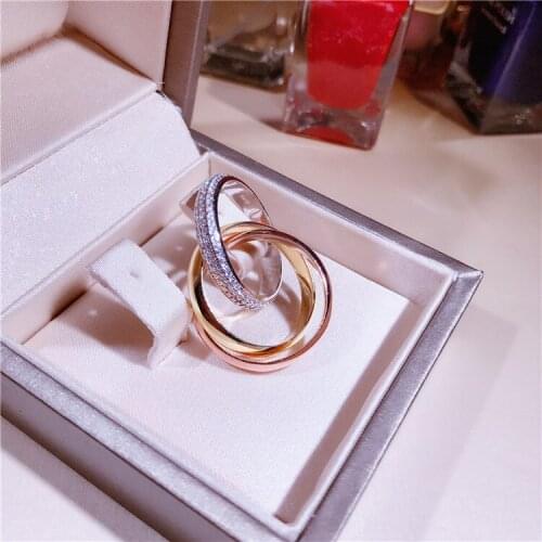 Fashion famous brand 925 sterling silver 3a cubic zirconia three in one ring women mix rose gold gold silver three color ring