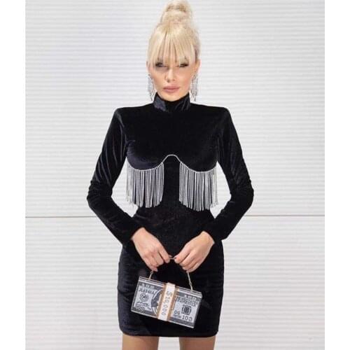 Women Winter Ladies Sexy Turtleneck Diamonds Crystal Black Mini Velvet Bodycon Dress 2021 Elegant Evening Party Dress Vestido