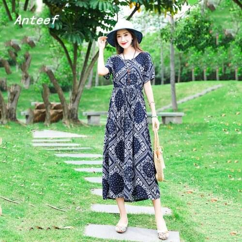 Short sleeve cotton vintage floral dresses for women casual loose long woman summer dress elegant clothes 2021