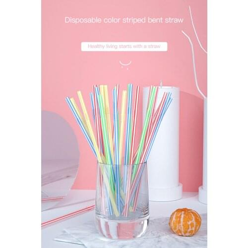 100Pcs Disposable Straws Curved Shape with Colorful Strip Flexible Plastic Bottle Cup Accessories for Parties Picnics