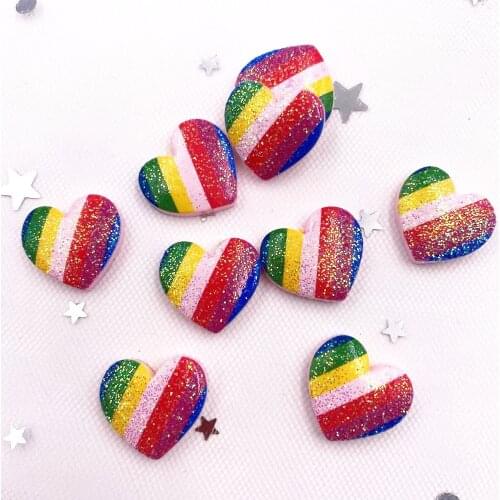 20pcs Colorful Glitter Rainbow Heart Flatback Cabochon Stone Miniature Pattern Applique Ornament Craft DIY Scrapbook OF669