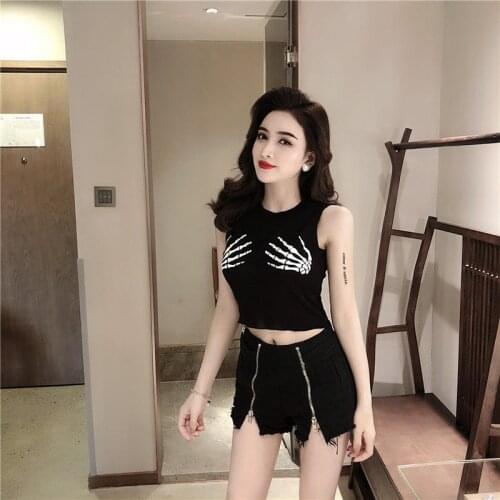 2021 Fashion Top Simple Girl Knitted Punk Harajuku Gothic Skeleton Hand Women Vest Tube Top Sexy Club Clothing Bohemian T-shirt