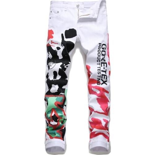 White Casual Jeans Fashion Print Slim Pants High Quality Stretch Pencil Pants Youth Fashion Trend Mens white jeans